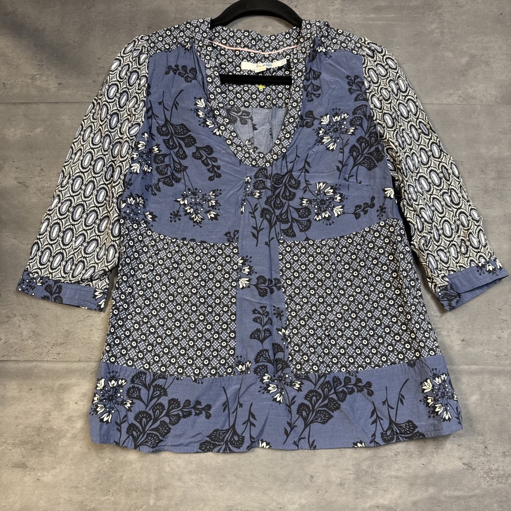 Boden Mollie V-neck tunic top Floral Patchwork Geometric Print 8